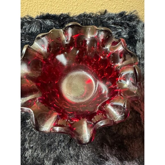 Vintage Red Glass Ruffled Edge Compote Candy Dish With Textured Base - Picture 7 of 8